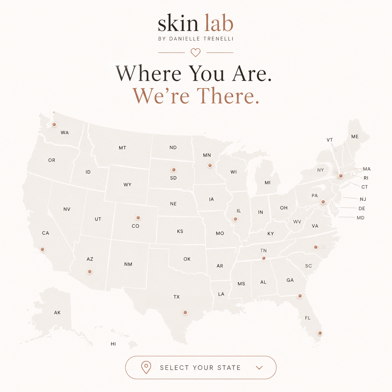 Map showing nationwide virtual health services available through Skin Lab