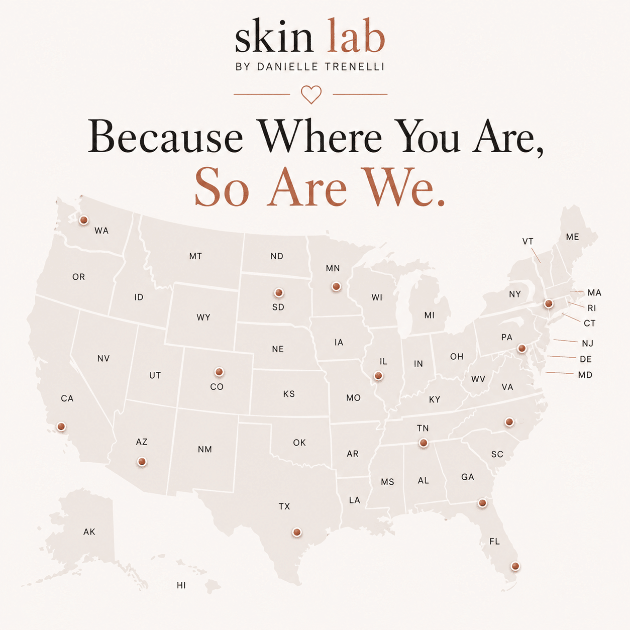 Map showing nationwide virtual health services available through Skin Lab